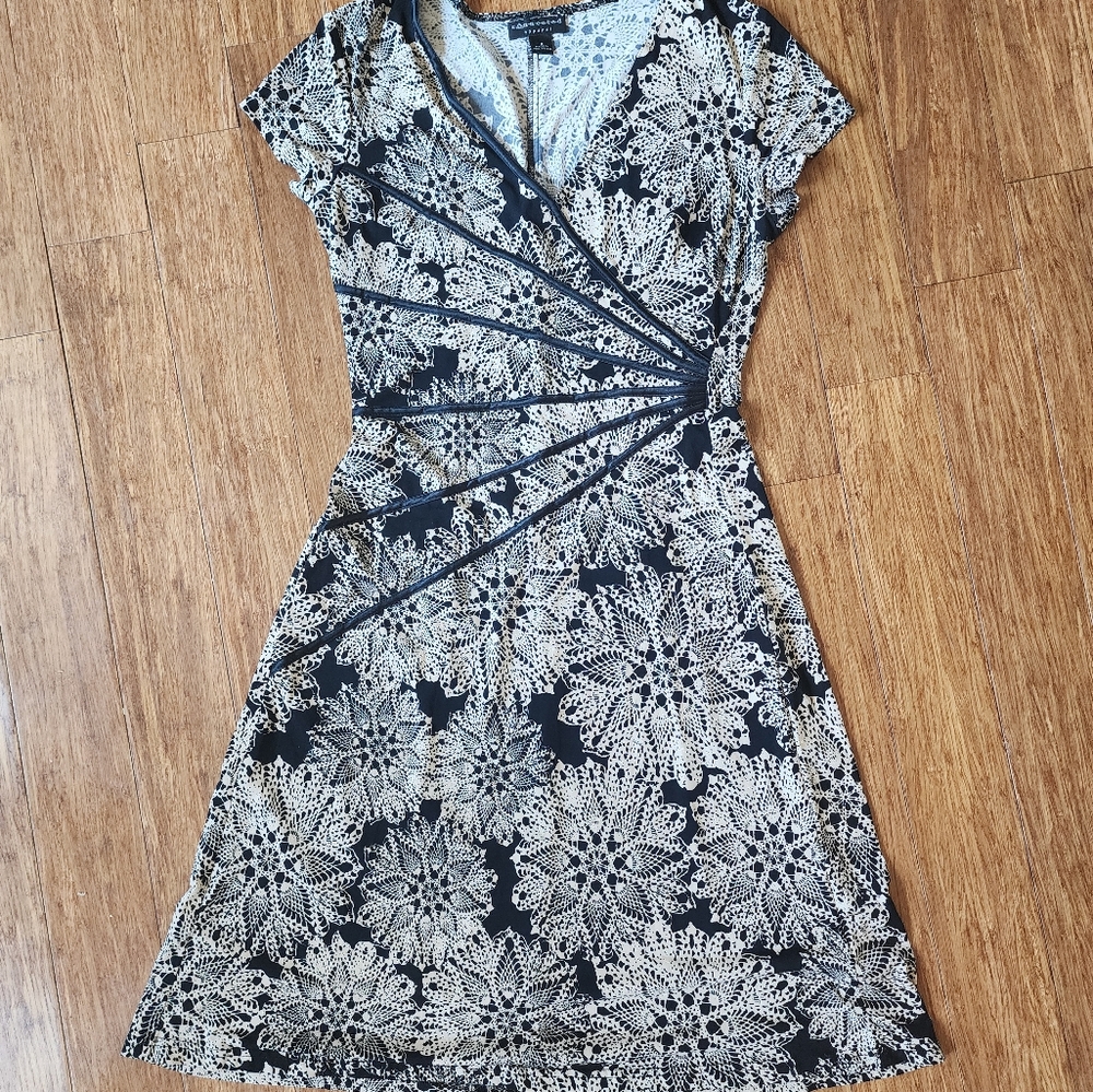 Connected Apparel Black and Cream Lace Midi Dress